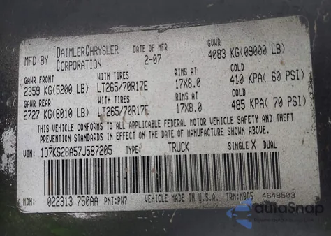 2007 Dodge Ram 2500 Slt/Trx4 Off Road/Sport/Power Wagon z USA, uszkodzony, nr VIN 1D7KS28A57J587205